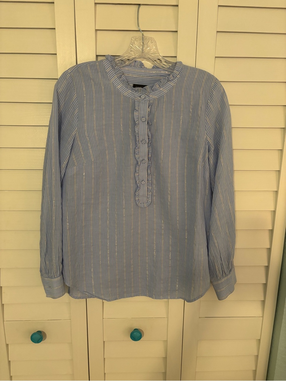 Talbots Blue and White Striped Ruffle Button-Front Blouse